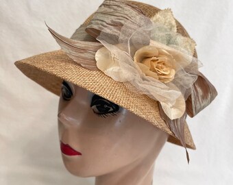 Brown Linen Cloche Hat With Silk Rose And Organza Ribbon / Vintage Inspired Downton Abbey Style Cloche Hat / 1920's Style Straw Cloche