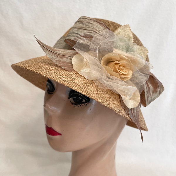 Brown Linen Cloche Hat With Silk Rose And Organza Ribbon / Vintage Inspired Downton Abbey Style Cloche Hat / 1920's Style Straw Cloche