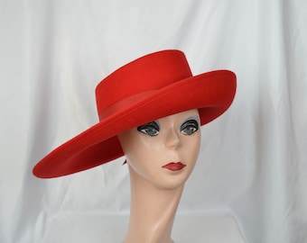 Red Large Brim Wool Felt Hat / Red Felt Side Rolled Brim Telescope Hat / Millinery / Billy Porter Inspired Hat