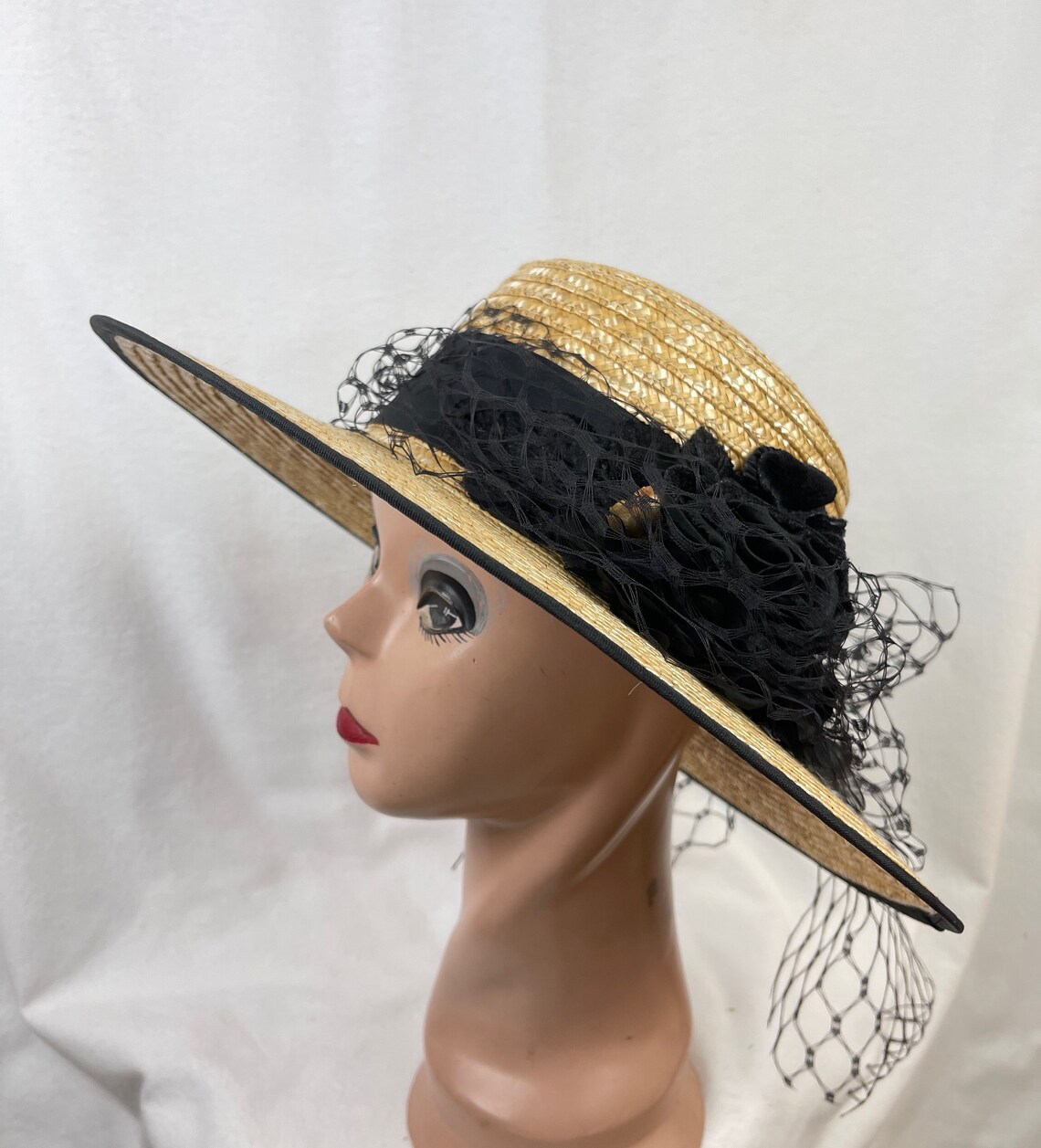 4 Inch Natural Straw Boater Hat With Velvet Flowers Black Etsy
