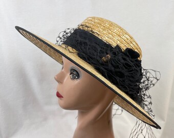 4 Inch Natural Straw Boater Hat With Velvet Flowers, Black Edging And Removable Netting / Summer Boater Hat / Retro Style Straw Boater Hat