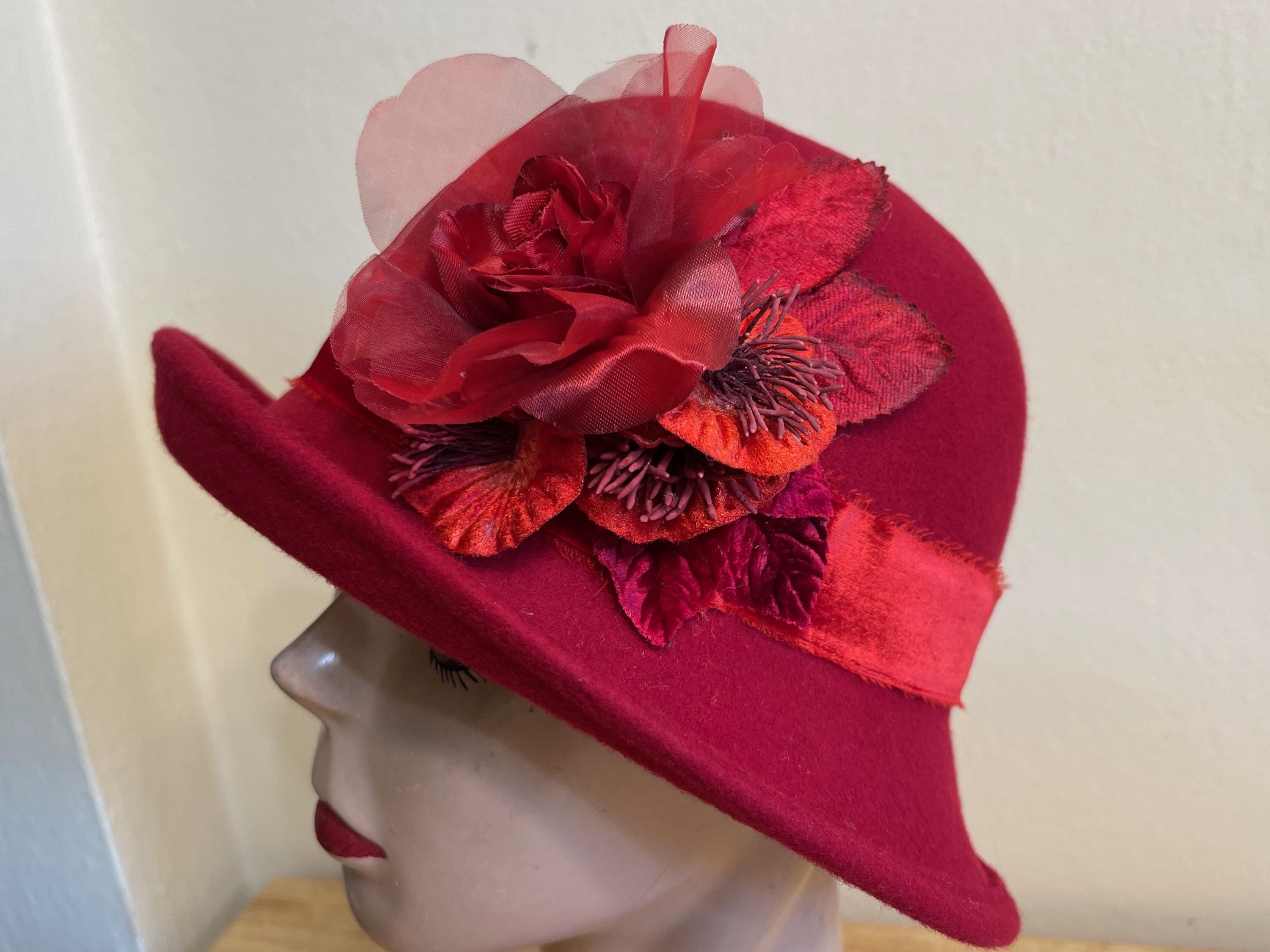 Red Wool Felt Cloche Hat: Vintage 1920s Style, Silk Rose - Etsy display picture 3