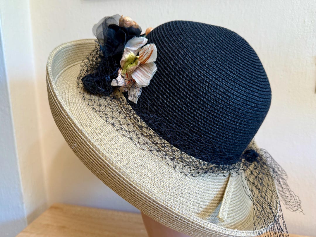 Black & Tan Kettle Brim Hat Vintage Trim and Netting / 3.5 