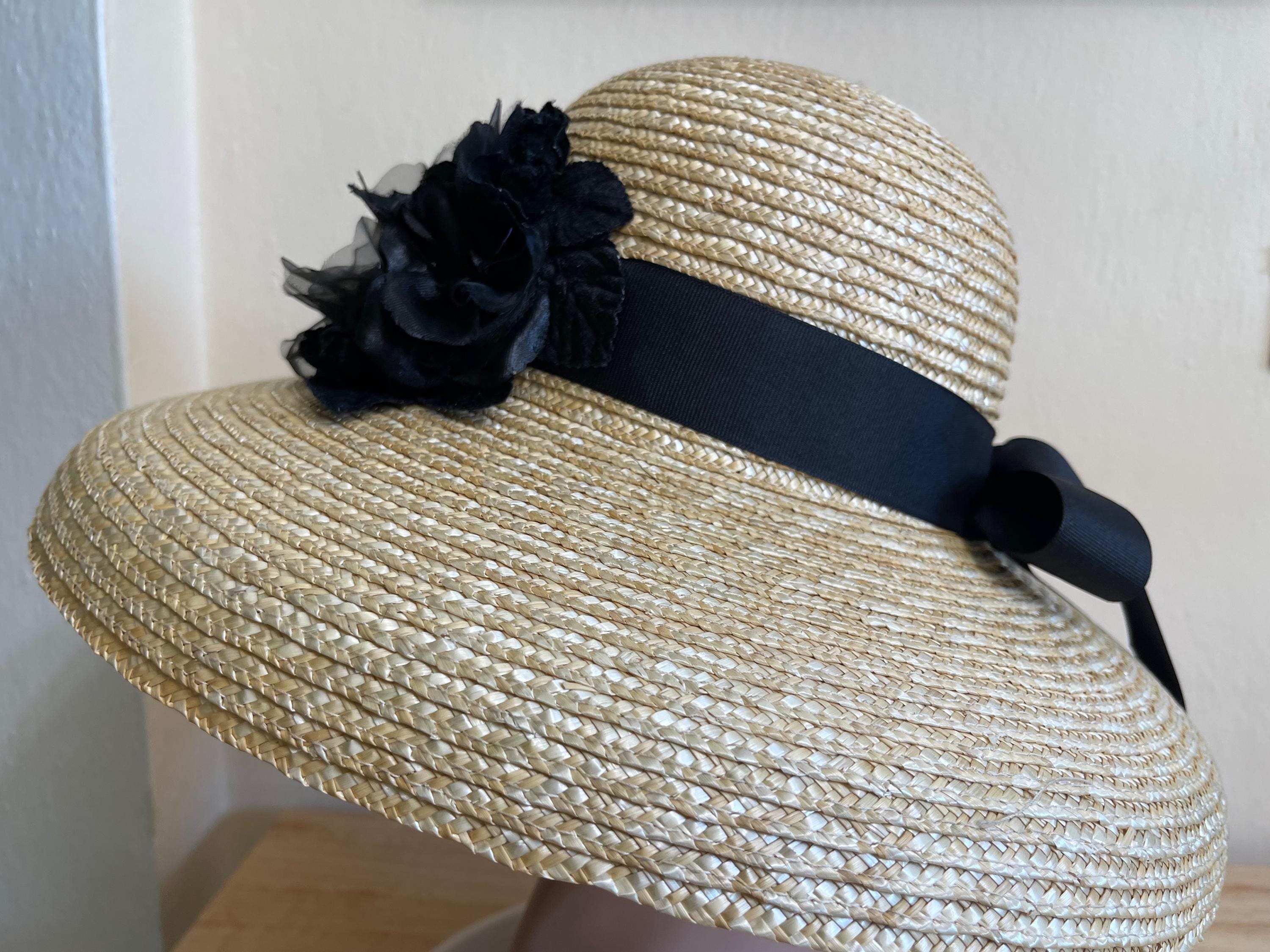 Vintage Black Straw Floral Sun Hat Wide Brim Silk Flowers Netting Garden Party Vintage Straw Wide Brim Hat: Black Flower & Braid Trim - Etsy main image 2