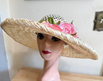 Vintage 80s Floral Straw Sun Hat Wide Brim Cottagecore Garden Party Vintage garden sun hat - Gem main image 4