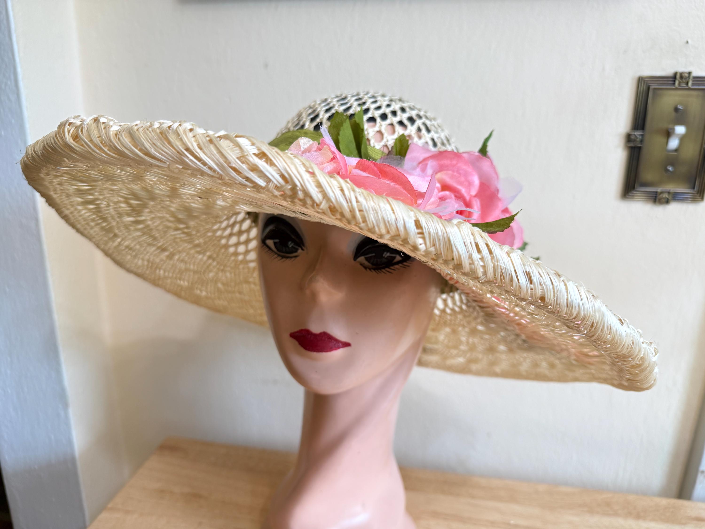 5 Inch Wide Brim Italian Sisal Straw Sun Hat: Silk Flowers 