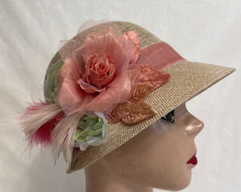 Tan Linen Cloche Hat With Silk Rose Trim and Feathers / Deco 