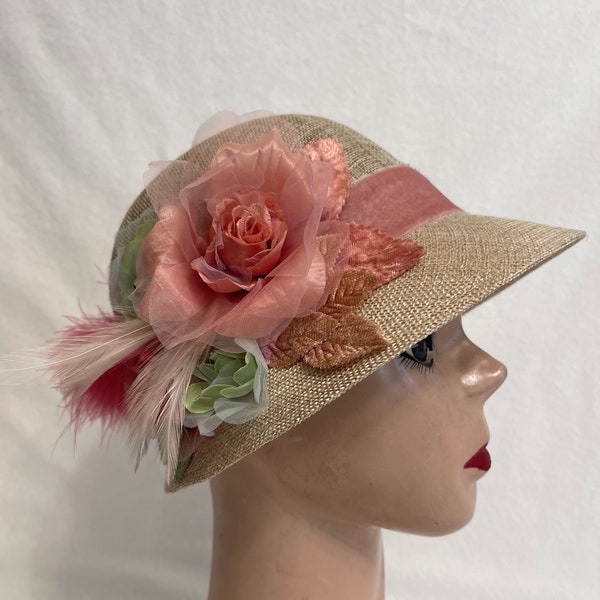 Tan Linen Cloche Hat With Silk Rose Trim And Feathers / Deco Inspired Flower Trimmed Flapper Cloche Hat / Downton Abby 1920s Cloche Hat