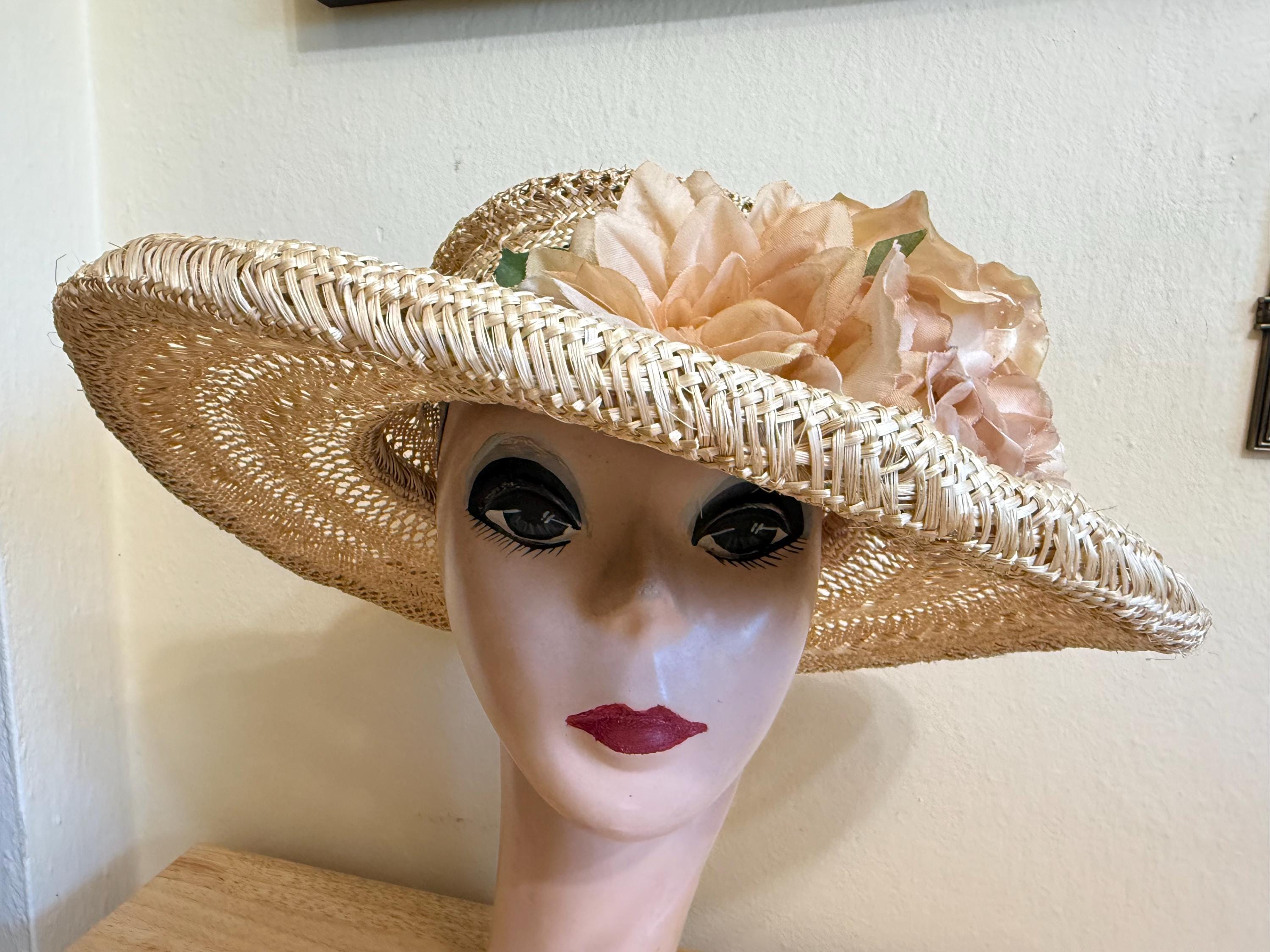 Wide Brim Sisal Straw Sun Hat: Silk Flower Trim, Vintage 