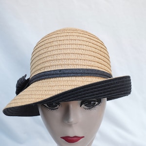 Tan/Black Cloche Hat With Bow / Vintage Inspired Downton Abbey Cloche Hat / Tan/Black Straw Cloche Hat With Rolled Brim And Bow image 5