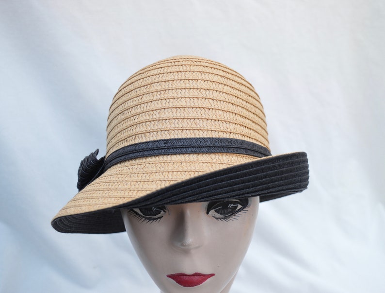 Tan/Black Cloche Hat With Bow / Vintage Inspired Downton Abbey Cloche Hat / Tan/Black Straw Cloche Hat With Rolled Brim And Bow image 5