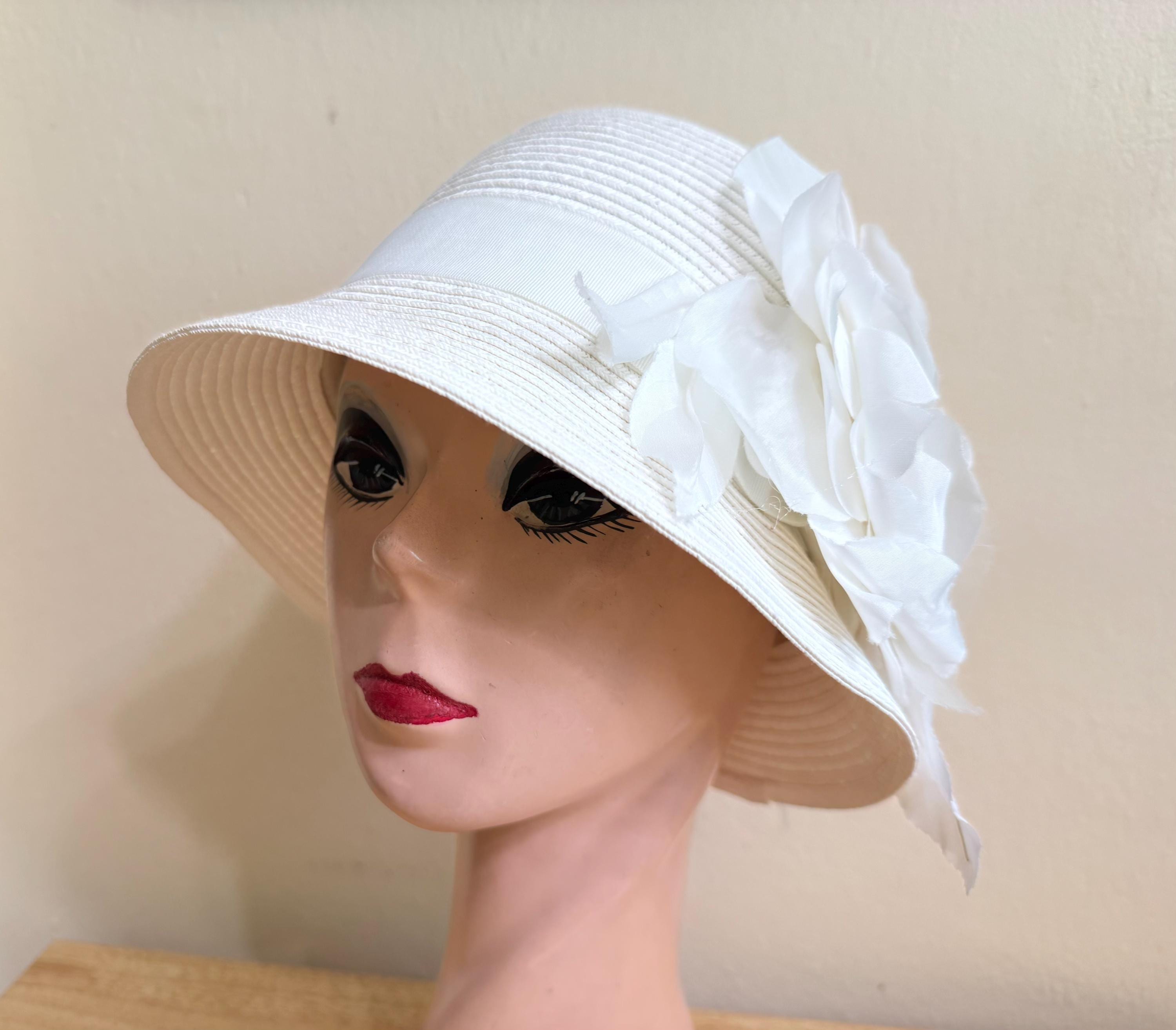 Vintage Inspired White Straw Cloche Hat: Vintage Silk Rose 