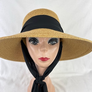 Wheat Color 4 Inch Downturn Brim Straw Hat With Changeable Scarf Trim / Sun Hat With Chin Tie / Straw Lg Brim Beach Hat / Retro Sun Hat image 2