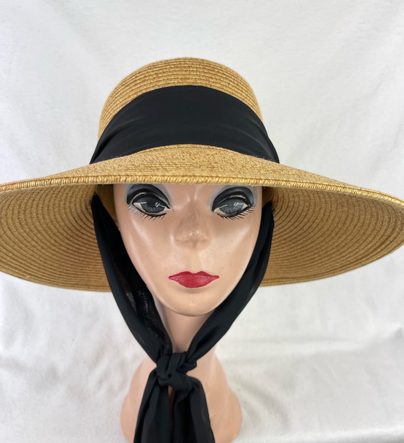 Wheat Color 4 Inch Downturn Brim Straw Hat With Changeable Scarf Trim / Sun Hat With Chin Tie / Straw Lg Brim Beach Hat / Retro Sun Hat image 2