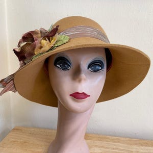 Camel Wool Felt Cloche Style Bucket Hat With Vintage Flower Trim / Vintage Inspired Camel Felt Cloche Hat / One Of A Kind Deco Cloche Hat