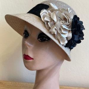 Tan Linen Cloche hat With Satin Flowers And Vintage Velvet Ribbon Band / Art Deco Inspired Flower Trimmed Cloche Hat / Downton Abby Cloche