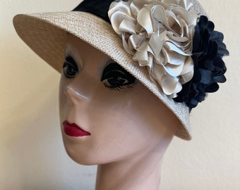 Linen Cloche Hat: Art Deco Satin Flowers, Vintage Velvet Ribbon