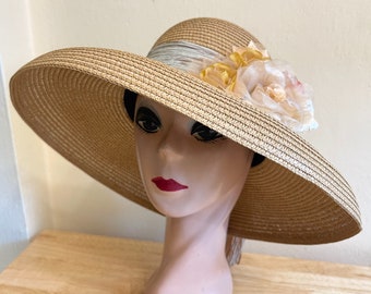 Tan Straw Lampshade Hat: Silk Roses, Organza Band, Retro Style