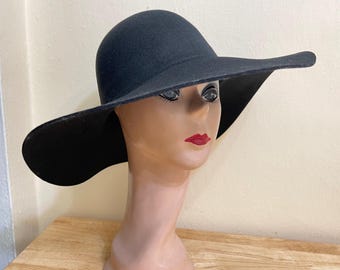 Black Floppy Brim Australian Wool Felt Hat: Boho Wide Brim