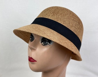 Brown Linen And Cotton Cloche Hat With Black Bow / Vintage Inspired / Downton Abbey Style Cloche / 1920's Style Cloche / 2 Inch Front Brim