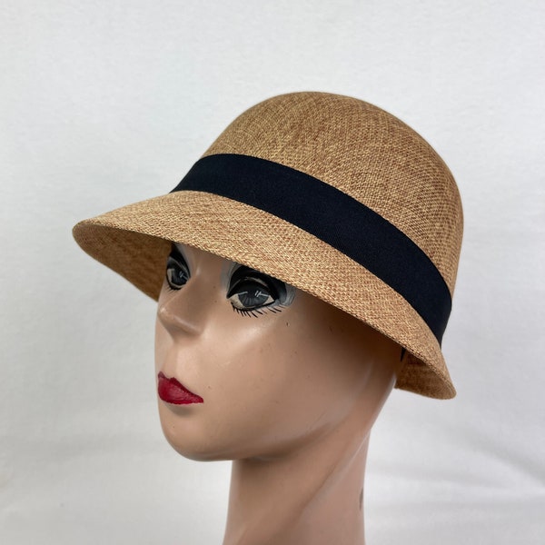 Brown Linen And Cotton Cloche Hat With Black Bow / Vintage Inspired / Downton Abbey Style Cloche / 1920's Style Cloche / 2 Inch Front Brim