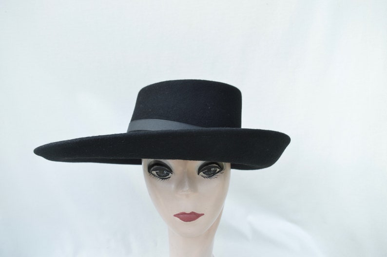 Black Large Brim Wool Felt Hat /Black Felt Side Rolled Brim Telescope Hat / Millinery / Felt Telescope Brim Hat image 4