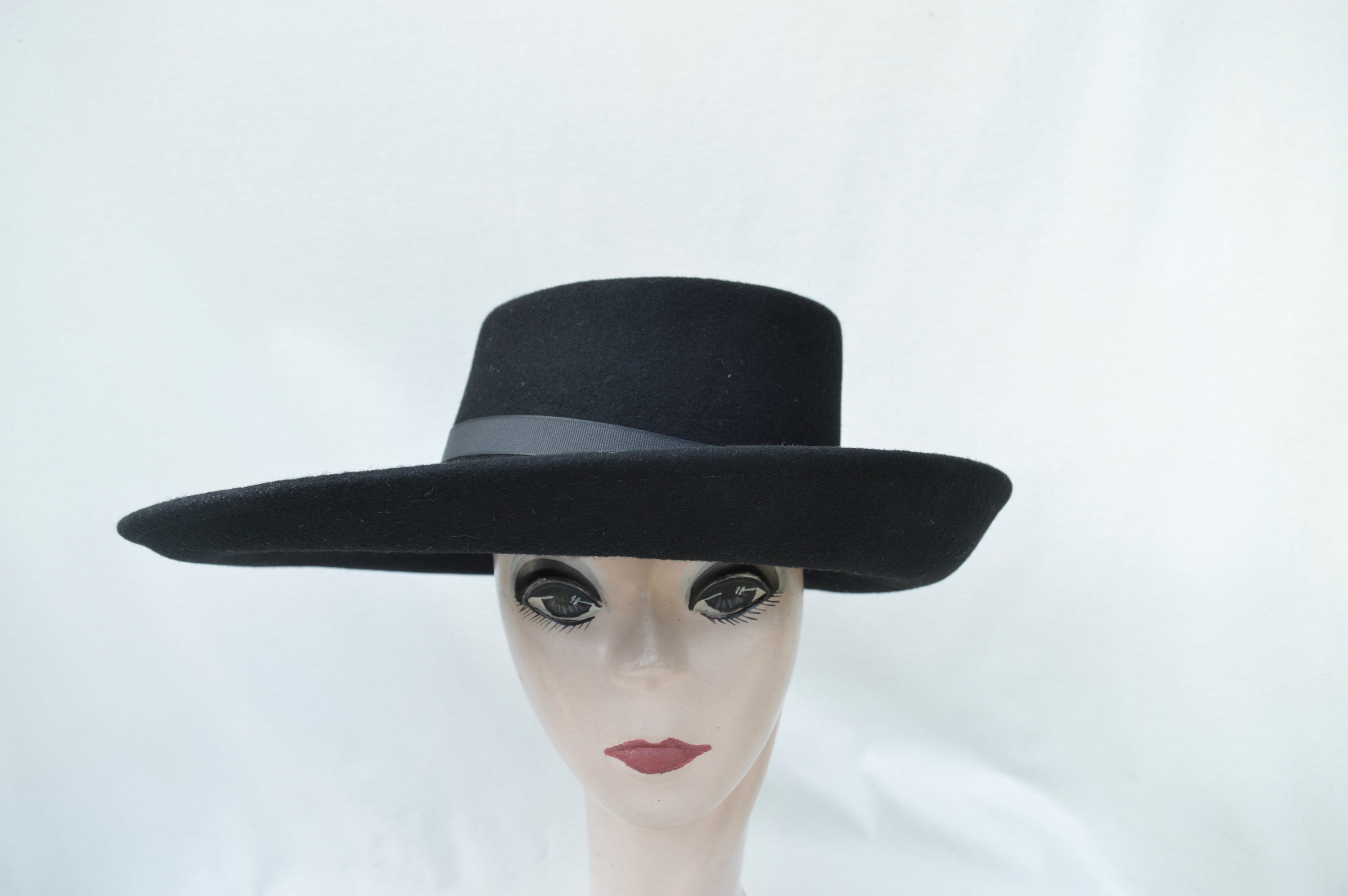 Black Wool Felt Wide Brim Hat: Telescope Style, Grosgrain Ribbon