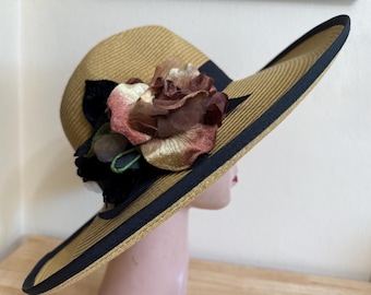Large Head Size Tan Straw Fedora: 5" Brim Sun Hat With Vintage Flower Trim