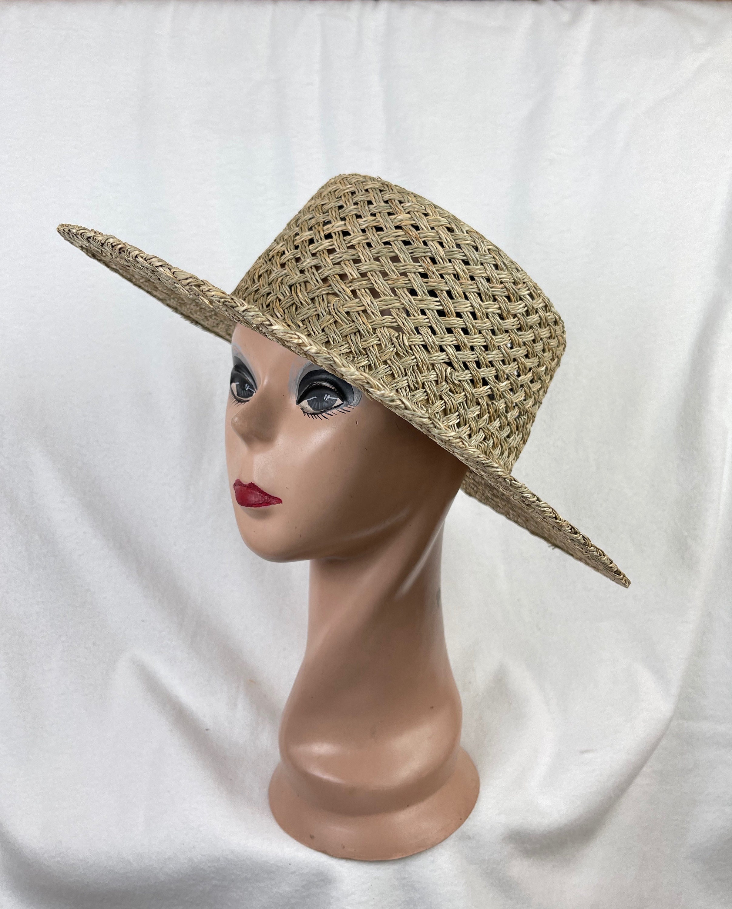Straw Boater Hat / Hand Woven Large Brim Natural Seagrass