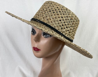 Hand Woven Large Brim Natural Seagrass Straw Boater Hat / Classic 4 inch Boater Hat With Leather Tie Band / Med - XLG Head sizes Available