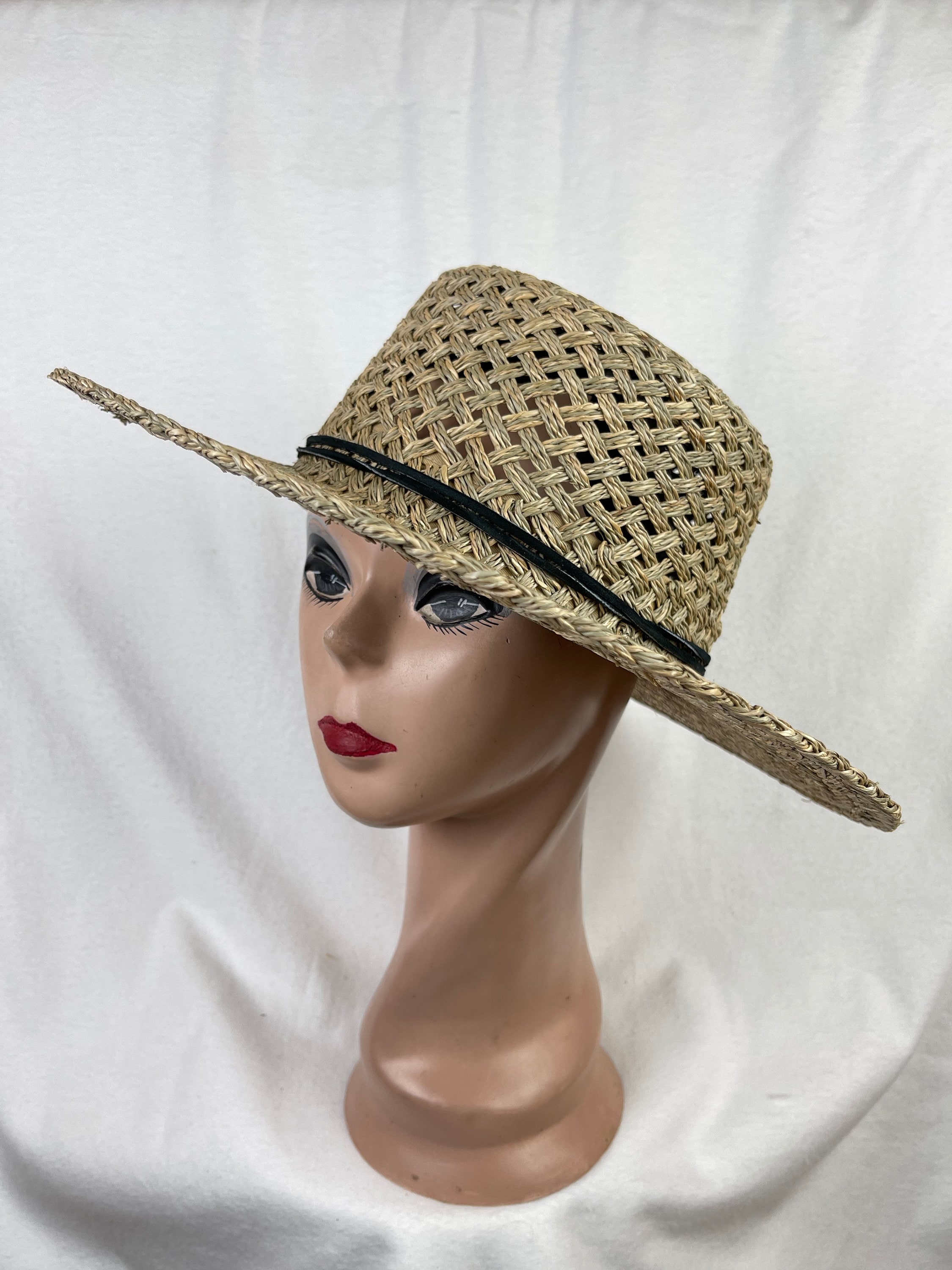 Hand Woven Seagrass Boater Hat: Large Brim with Leather Tie, Med-Extra LG Head Sizes