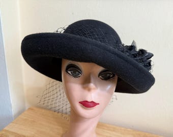 Black Wool Felt Turn Up Stiff Brim Hat With Silk Ribbon & Netting / Formal Felt Upturned  Brim Hat / Formal Event Black Felt Hat / Millinery