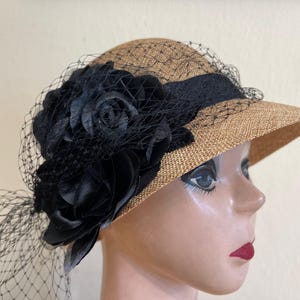 Brown Linen Cloche Hat With Silk Rose Trim And Netting / Vintage Inspired Downton Abbey Style Cloche Hat / 1920&#39;s Style Flapper Cloche Hat
