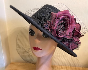 Black Wool Felt 4-Inch Flat Stiff Brim Gambler Style Hat With Burgundy Roses & Netting / Vintage Inspired Felt Hat / Special Event Hat