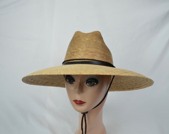 Dark Palm Straw 5" Brim Lifeguard  Sun Hat /Med Head Size / Woven Palm Straw Lifeguard Sun Hat With Chin Cord / Last One Available
