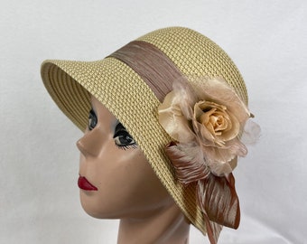 Tan Tweed Cloche Hat With Silk Rose And Organza Ribbon / Vintage Inspired Downton Abbey Style Cloche Hat / 1920's Style Beige Straw Cloche