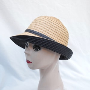 Tan/Black Cloche Hat With Bow / Vintage Inspired Downton Abbey Cloche Hat / Tan/Black Straw Cloche Hat With Rolled Brim And Bow image 2