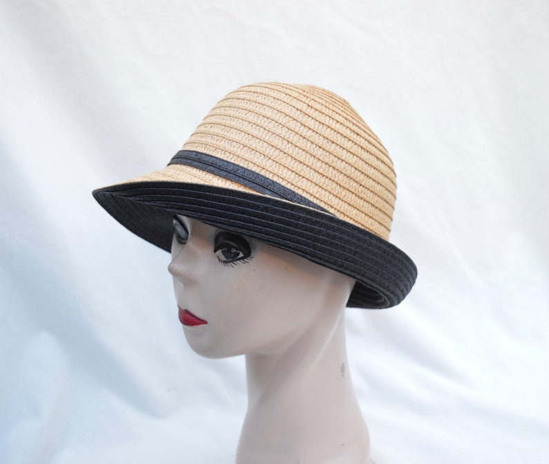 Tan/Black Cloche Hat With Bow / Vintage Inspired Downton Abbey Cloche Hat / Tan/Black Straw Cloche Hat With Rolled Brim And Bow image 2
