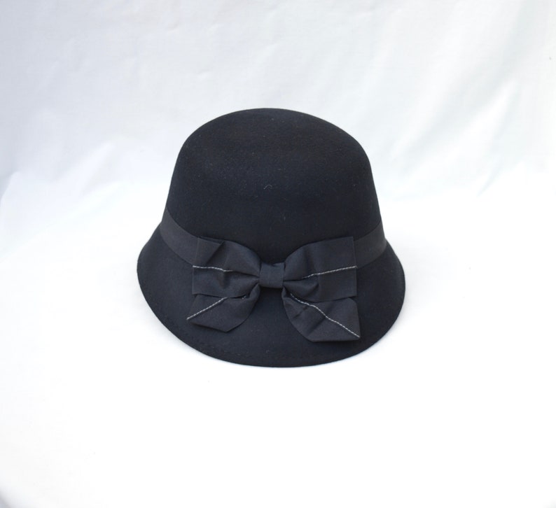 Black Wool Felt Cloche Hat Wih Bow Trim Vintage Inspired Cloche With Downturned Side To Side Brim Downton Abbey Black Felt Cloche Hat