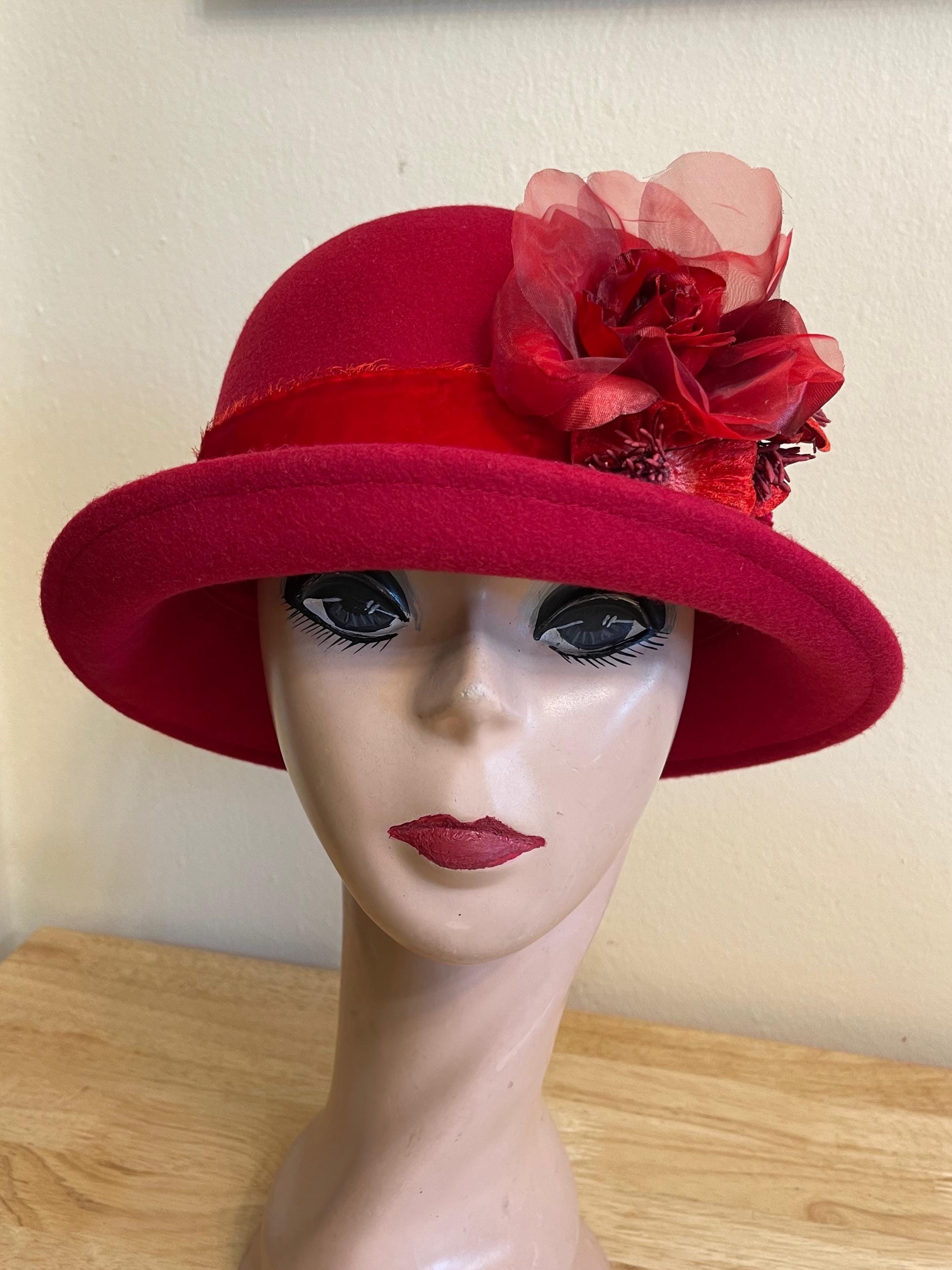 Women’s Red Burgundy 100% Wool Felt Cloche Hat Medium 7 1/4 58 CM Packable Wool Felt Rosette Cloche Hat, Made in the USA main image 3