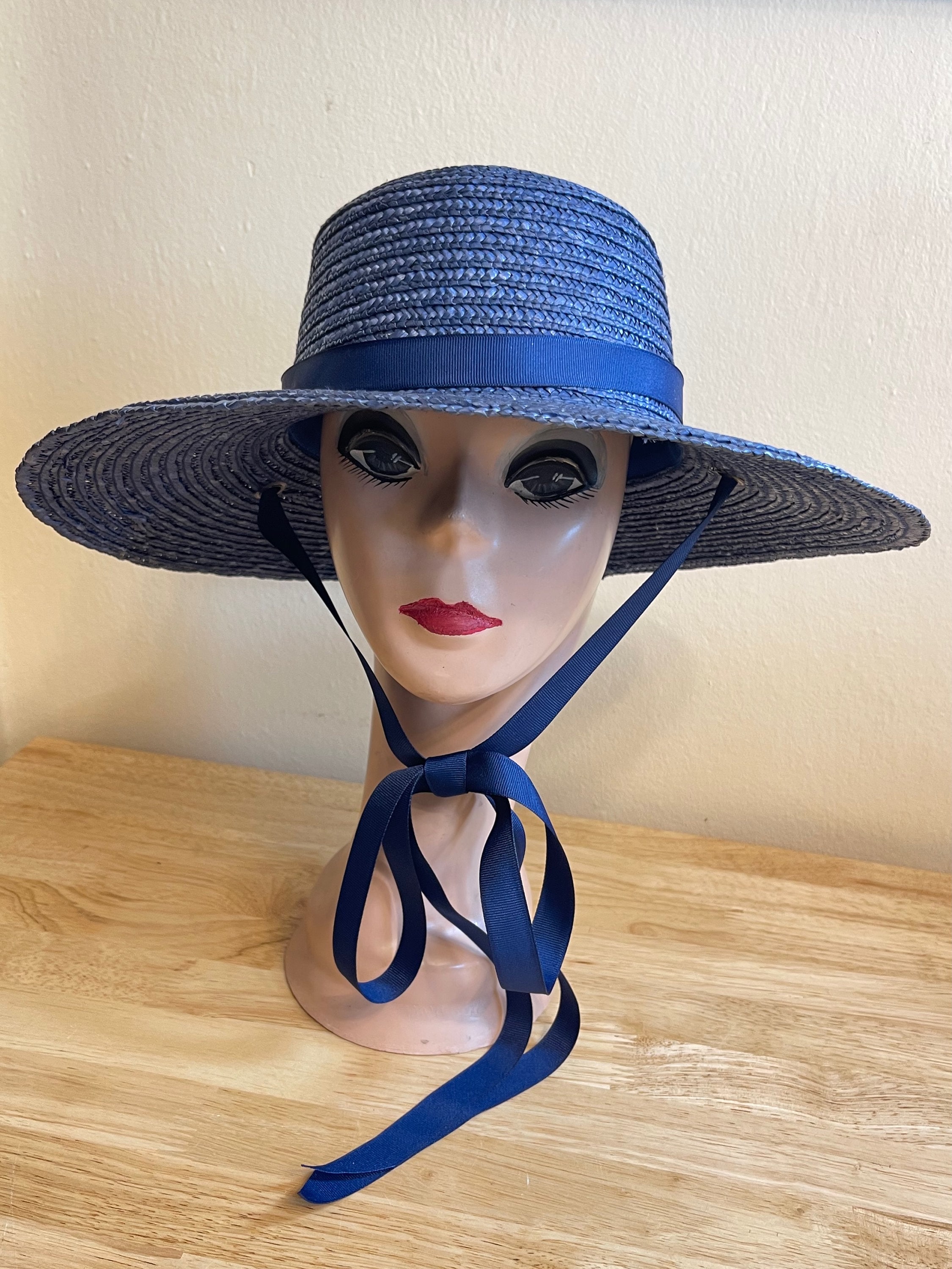 Navy Blue 4 Inch Natural Straw Boater Hat With Removable  display picture 3