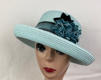 Light Blue Straw Kettle Brim Hat With Velvet Flowers And Vintage Ribbon Trim / Vintage Inspired Hat / Downton Abbey Hat / Garden Party Hat