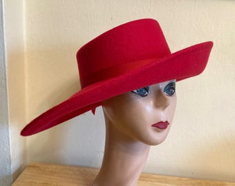 Red Large Brim Wool Felt Hat / Red Felt Side Rolled Brim Telescope Hat / Millinery / Fashion Hat / Larger Head Sizes Available On Request
