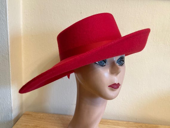 Red Large Brim Wool Felt Hat / Red Felt Side Rolled Brim 