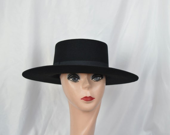 Black Wool Felt 4 Inch Flat Stiff Brim Gambler Crown Style Hat