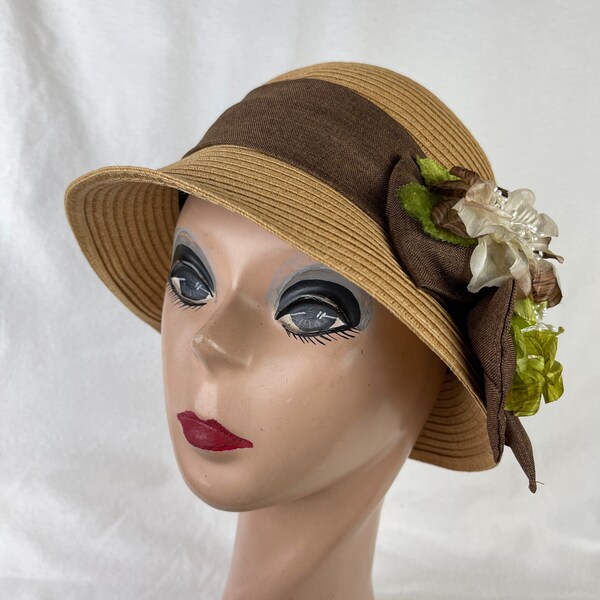 Tan Straw Cloche Hat With Bow & Flowers/ Vintage Inspired Hat / Brown Cloche Hat / Wedding Guest Hat / Summer Cloche / Downton Abbey Cloche