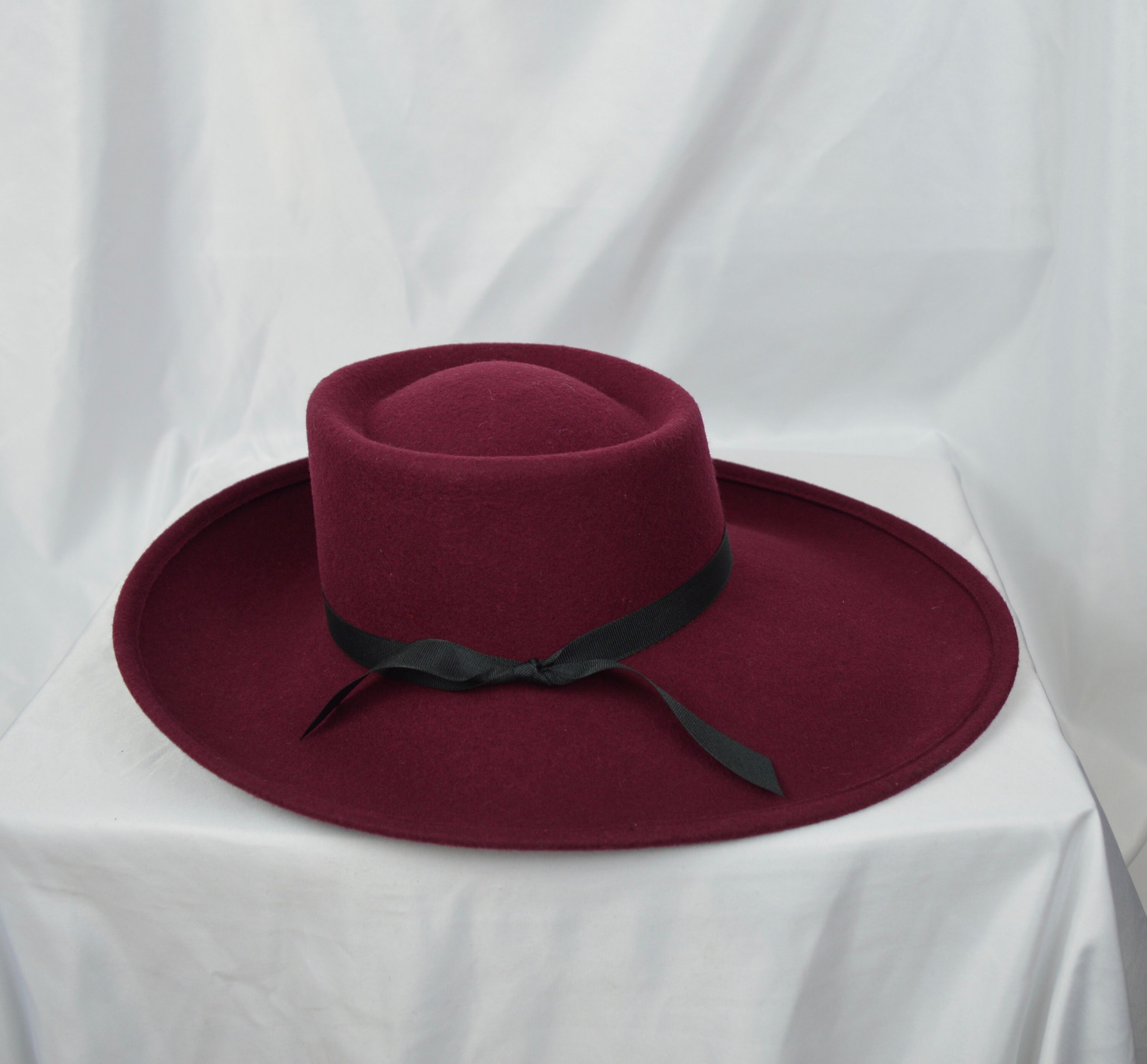 Burgundy Wine Color Large Brim Wool Felt Hat / Side Rolled