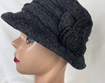 Dark Gray Soft Wool Brim Bucket Hat With Flower Trim / Gray Boiled Wool Brim Hat / Boiled Wool Cloche Style Hat / Winter Cold Weather Hat