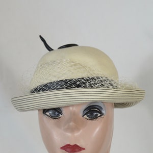 Vintage Cream With Black Trim I. Magnin Fur Felt Hat / Vintage 1950s-1960s Small Brim Hat / Vintage Emme New York Hat / Vintage Millinery