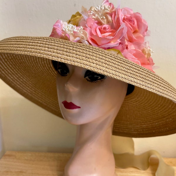 Bronze Straw Lampshade Hat With Silk Roses And Satin band / Lampshade Style Hat / Audrey Hepburn Hat / Special Event Hat / Garden Party Hat